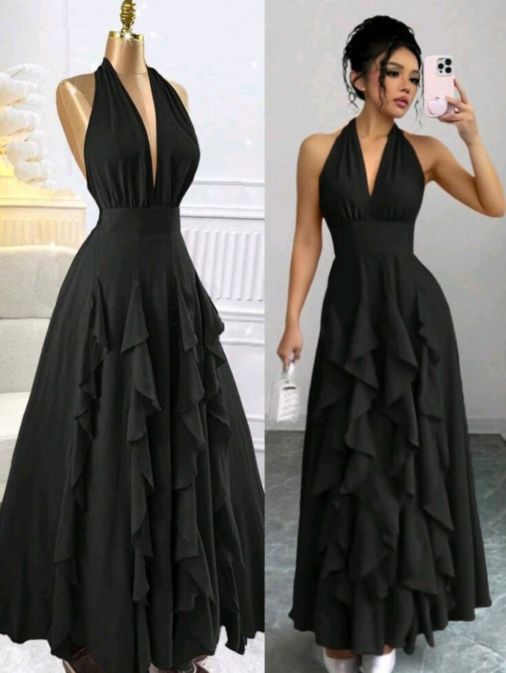 Chic Black Halter Ruffle Maxi Dress